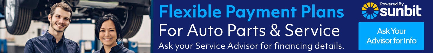 Two smiling auto mechanics and text: Flexible Payment Plans For Auto Parts & Service. Powered By sunbit.